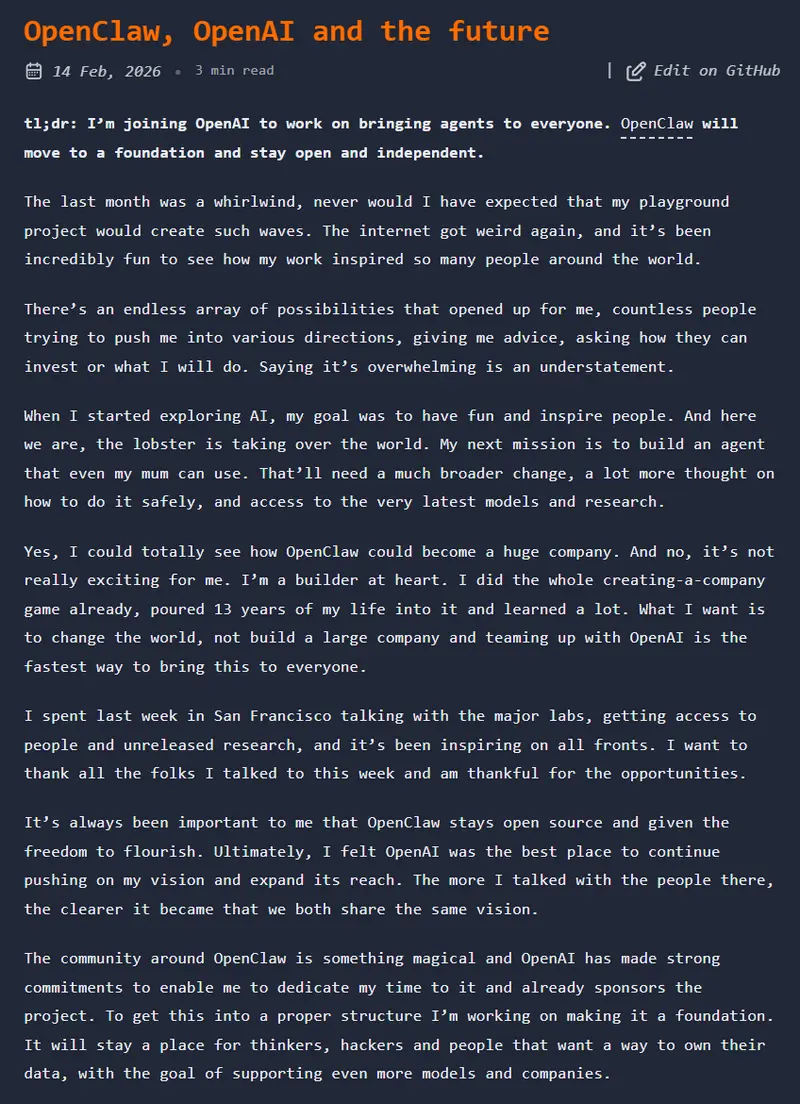 OpenClaw 创始人 Peter Steinberger 加入 OpenAI，项目将作为开源项目继续存在