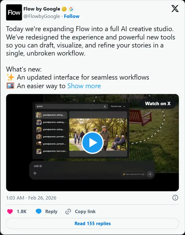 告别多平台切换!谷歌 Flow 迎来重大更新,统一图像与视频工作流并支持项目无缝迁移
