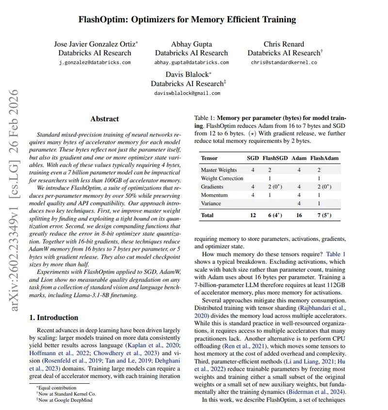 Databricks 推出 FlashOptim：显存占用直砍 50%，70 亿参数模型训练门槛从 112GB 骤降至 35GB