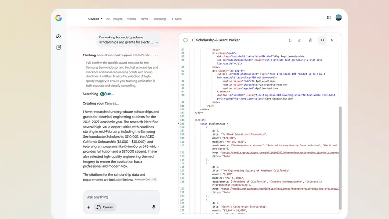 谷歌搜索重磅升级：AI 画布（Canvas）全面开放，搜索框变身“项目工作台”