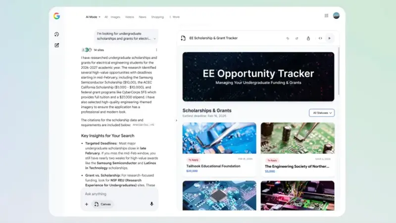谷歌搜索重磅升级：AI 画布（Canvas）全面开放，搜索框变身“项目工作台”