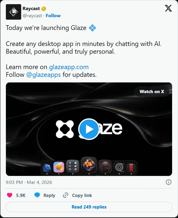 Raycast 发布 Glaze：用对话“画”出原生 Mac 应用，无需代码，离线运行