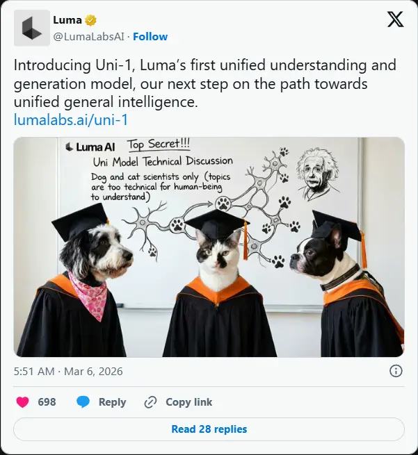 Luma 发布统一推理图像模型UNI-1：终结“理解”与“生成”的割裂，首个统一推理视觉模型登场