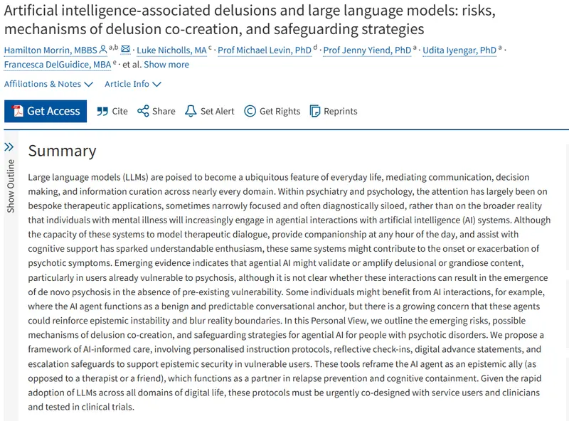 AI会诱发精神病吗？《柳叶刀》最新研究：聊天机器人或放大易感人群妄想