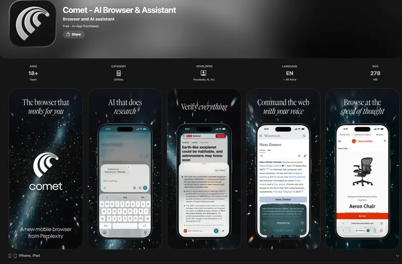 Perplexity Comet 浏览器登陆 iOS：AI 助手随身带，但隐私换便利成争议焦点