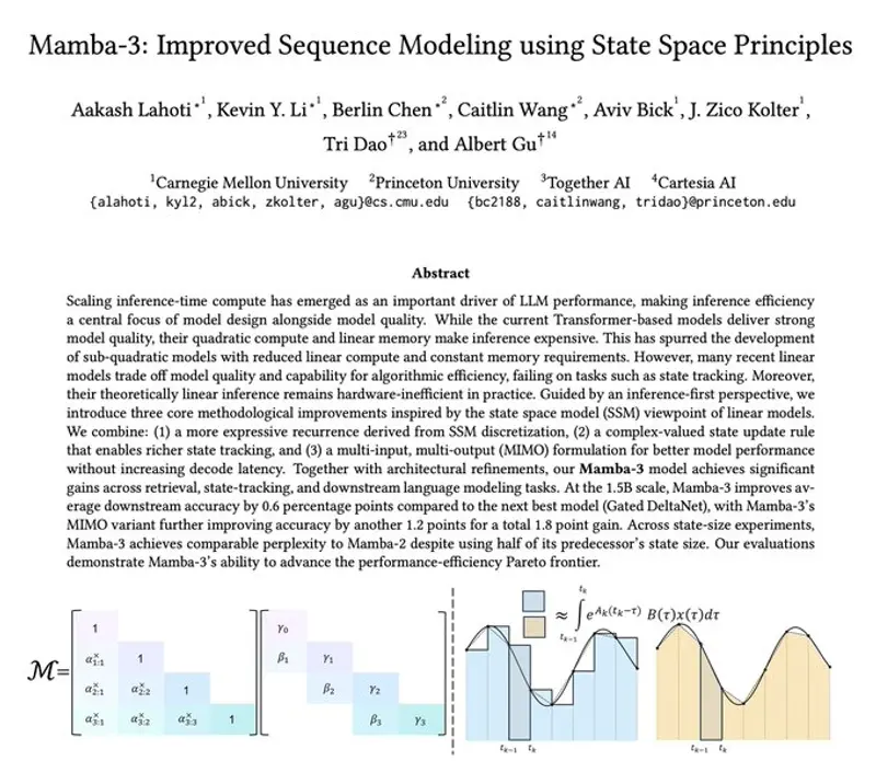 开源架构 Mamba-3 正式发布：推理速度超越 Transformer，同性能下显存占用减半，Apache 2.0 许可商用免费