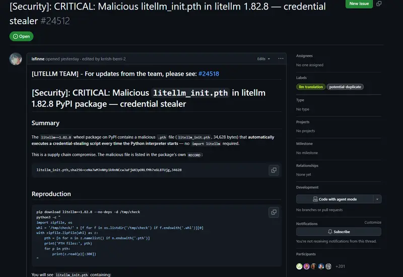 紧急安全警报：LiteLLM 遭供应链攻击，v1.82.7/1.82.8 窃取凭证并植入后门