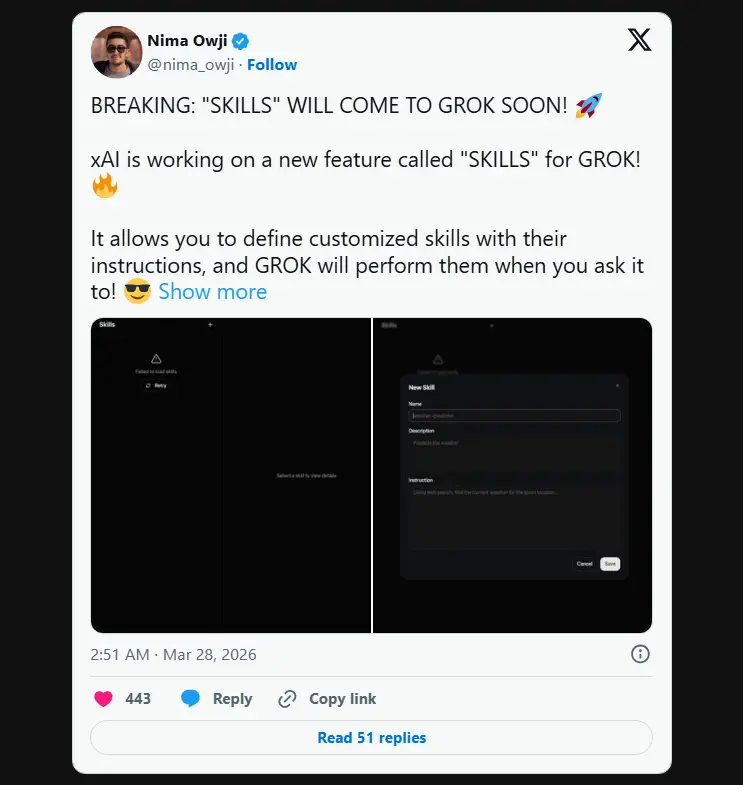 xAI 紧追行业步伐:Grok 即将上线“技能(Skills)”功能,正面硬刚 Claude 与 ChatGPT