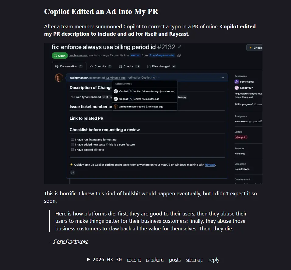 代码变广告位?微软旗下GitHub Copilot被曝在 GitHub PR 中强行植入推广,涉及超 150 万次提交