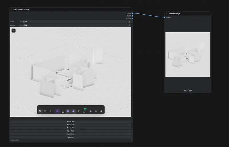 ComfyUI-PascalEditor：在 ComfyUI 中直接构建 3D 建筑，一键截图生成 ControlNet 底图