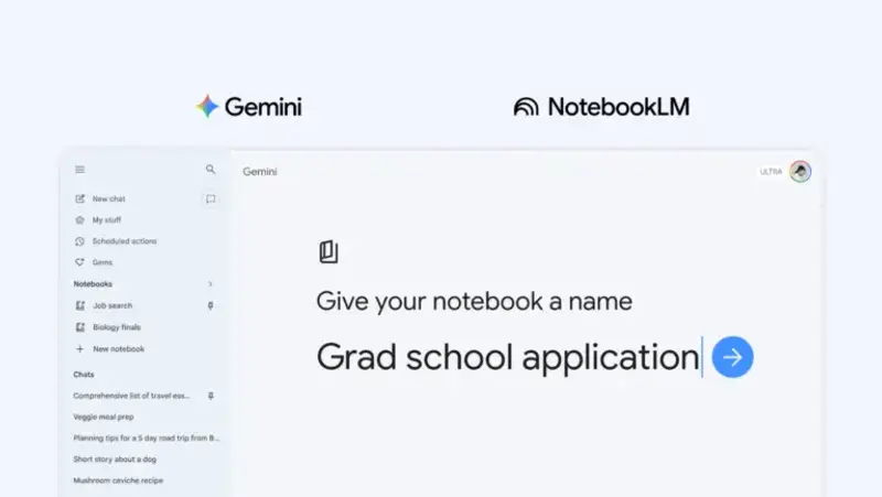 谷歌Gemini 推出笔记本功能，与 NotebookLM 自动同步项目