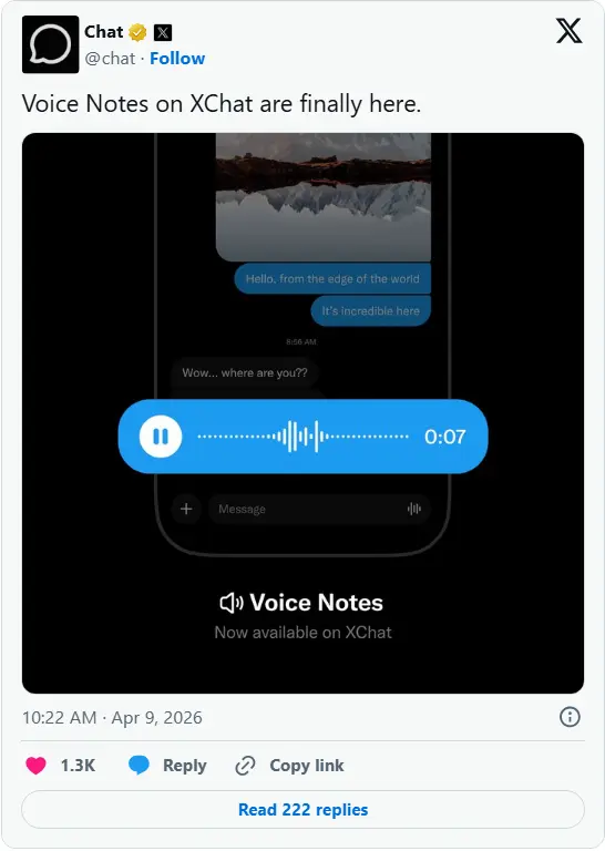 X 在 X Chat 中恢复语音便签功能