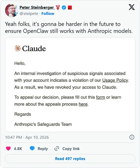 Anthropic 封杀 OpenClaw 创始人?Claude 账户被封禁后又快速解封