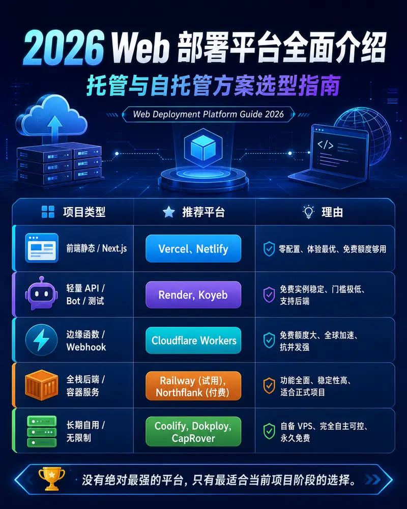 2026 Web 部署平台终极指南：从 Vercel 到 Coolify，一文解析托管与自托管选型策略，助开发者精准避坑