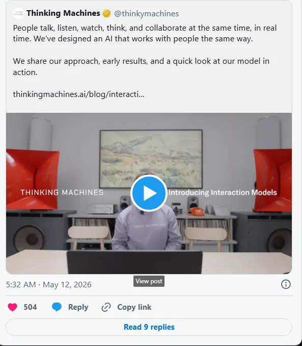 Thinking Machines 发布交互语音模型:打破“回合制”局限,实现音频/视频/文本的 200ms 实时原生多模态协作