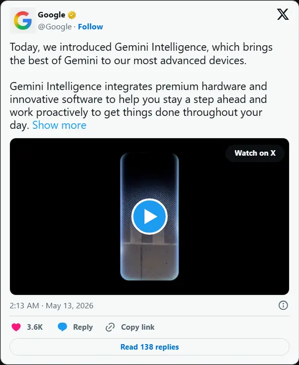 谷歌 Gemini Intelligence 登陆 Android:跨应用自动化、Chrome 智能浏览与 Rambler 语音整理,重塑移动交互体验