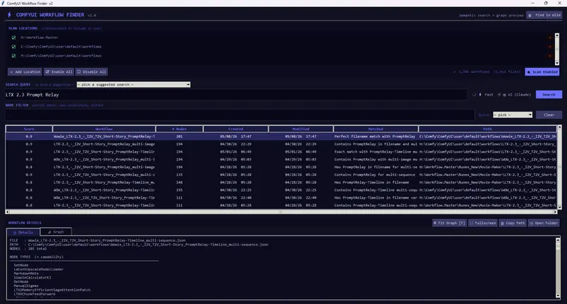 ComfyUI Workflow Finder:本地语义搜索与节点包过滤神器,一键筛选“可运行”工作流,支持 Claude AI 增强与全网实时查找