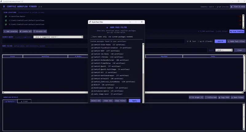 ComfyUI Workflow Finder:本地语义搜索与节点包过滤神器,一键筛选“可运行”工作流,支持 Claude AI 增强与全网实时查找