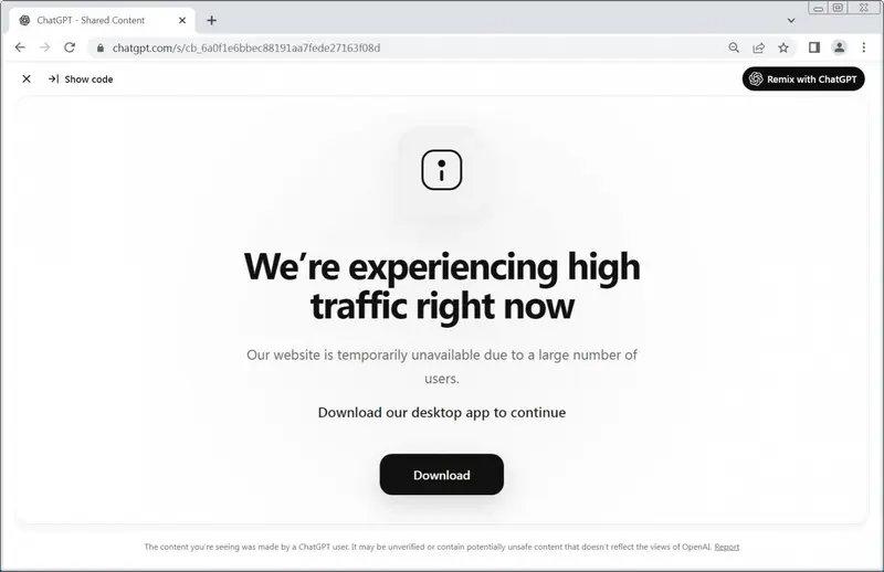 警惕!ChatGPT 分享链接沦为恶意软件温床:攻击者利用合法域名托管虚假“故障页面”,诱导下载伪装桌面应用