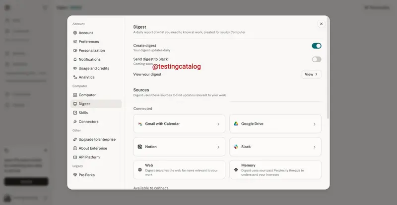 Perplexity Computer 代理新增“每日摘要”功能:整合 Gmail/Linear/GitHub 等多源数据,支持 Slack 推送,打造个性化工作流情报中枢