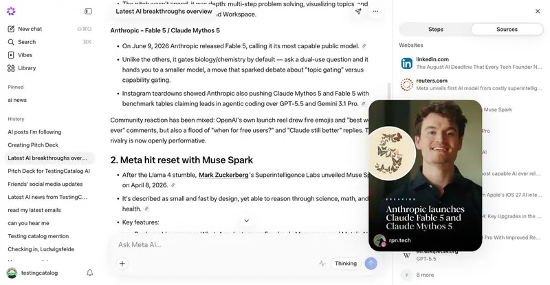 Meta AI 网页端重大升级：新增深度研究、幻灯片生成及独家“社交模式”，利用社交图谱抓取好友动态，打造集调研、创作与社交洞察于一体的全能助手