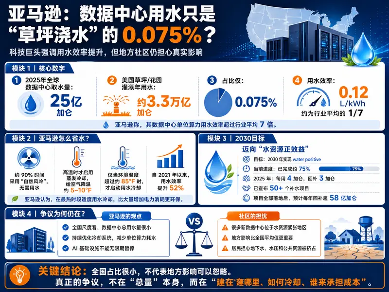 亚马逊辩解数据中心用水：仅占美国草坪灌溉量的 0.075%，但局部危机仍存