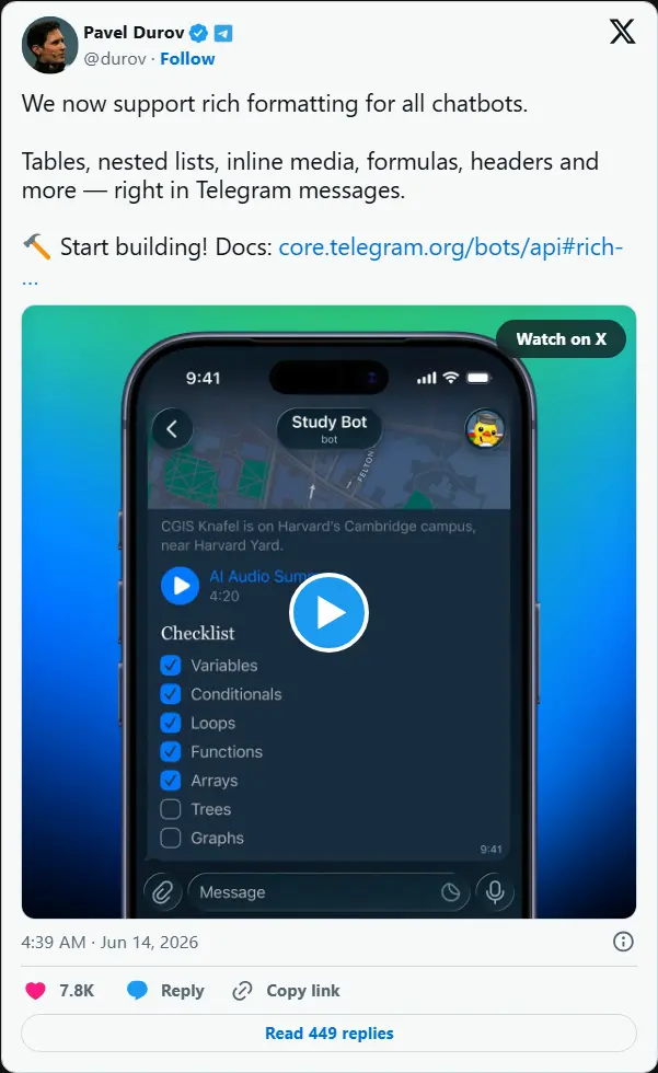 Telegram 重大更新：上线 Apple Watch/Wear OS 应用，机器人支持富文本与 AI 守护