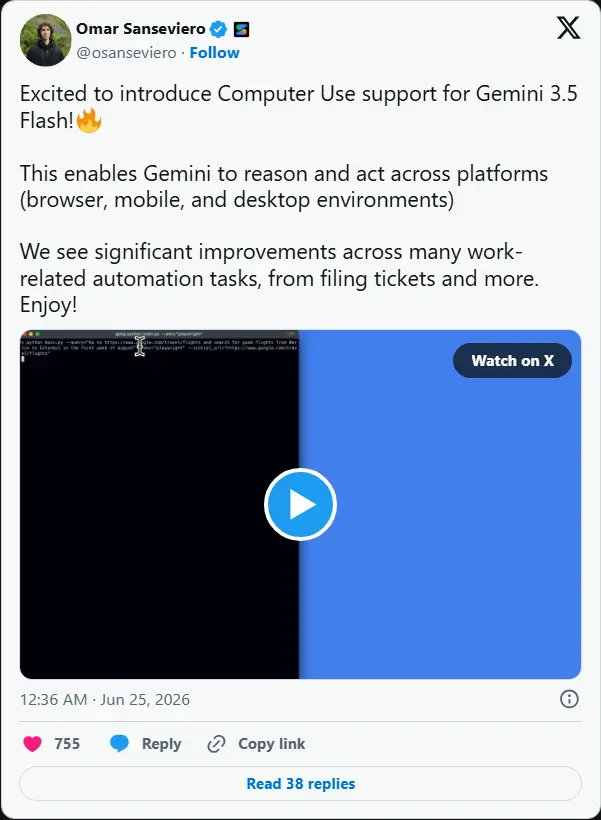 谷歌Gemini 3.5 Flash 原生集成“计算机使用”功能，通过内置安全系统实现跨环境智能体控制