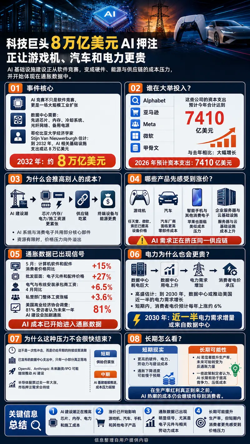 8 万亿美元 AI 基建账：为何你的游戏机、汽车和电费都在变贵？