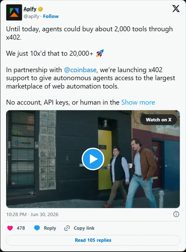 Apify 集成 Coinbase x402:让 AI 智能体实现真正的“自主付费”