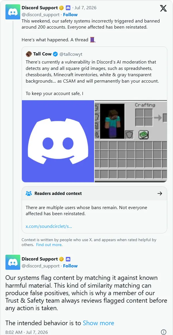 Discord 承认 AI 审核漏洞：8000 多名用户因电子表格等无害图片遭误封