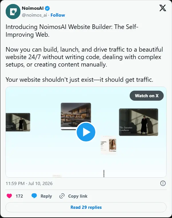 NoimosAI 推出“自我改进”网站构建器：自动优化 SEO 与内容，无需人工维护