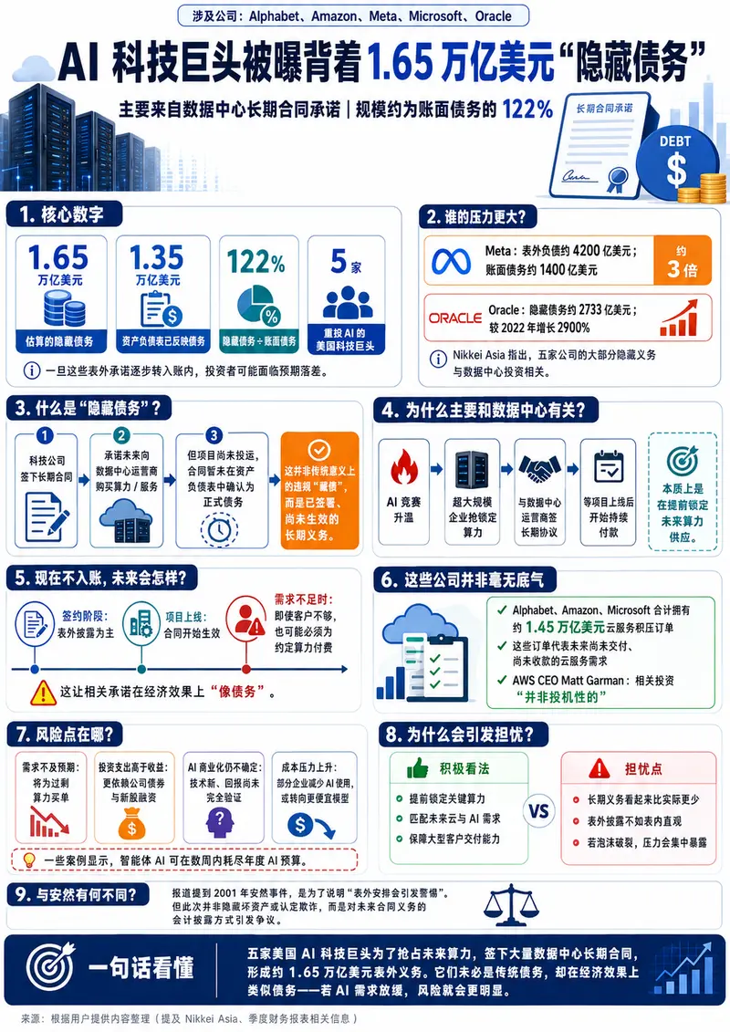美国科技巨头 1.65 万亿美元“隐藏债务”曝光:AI 基础设施豪赌背后的资产负债表外风险