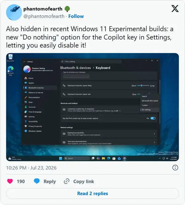 微软妥协了:Windows 11 测试新设置,允许用户彻底禁用 Copilot 键