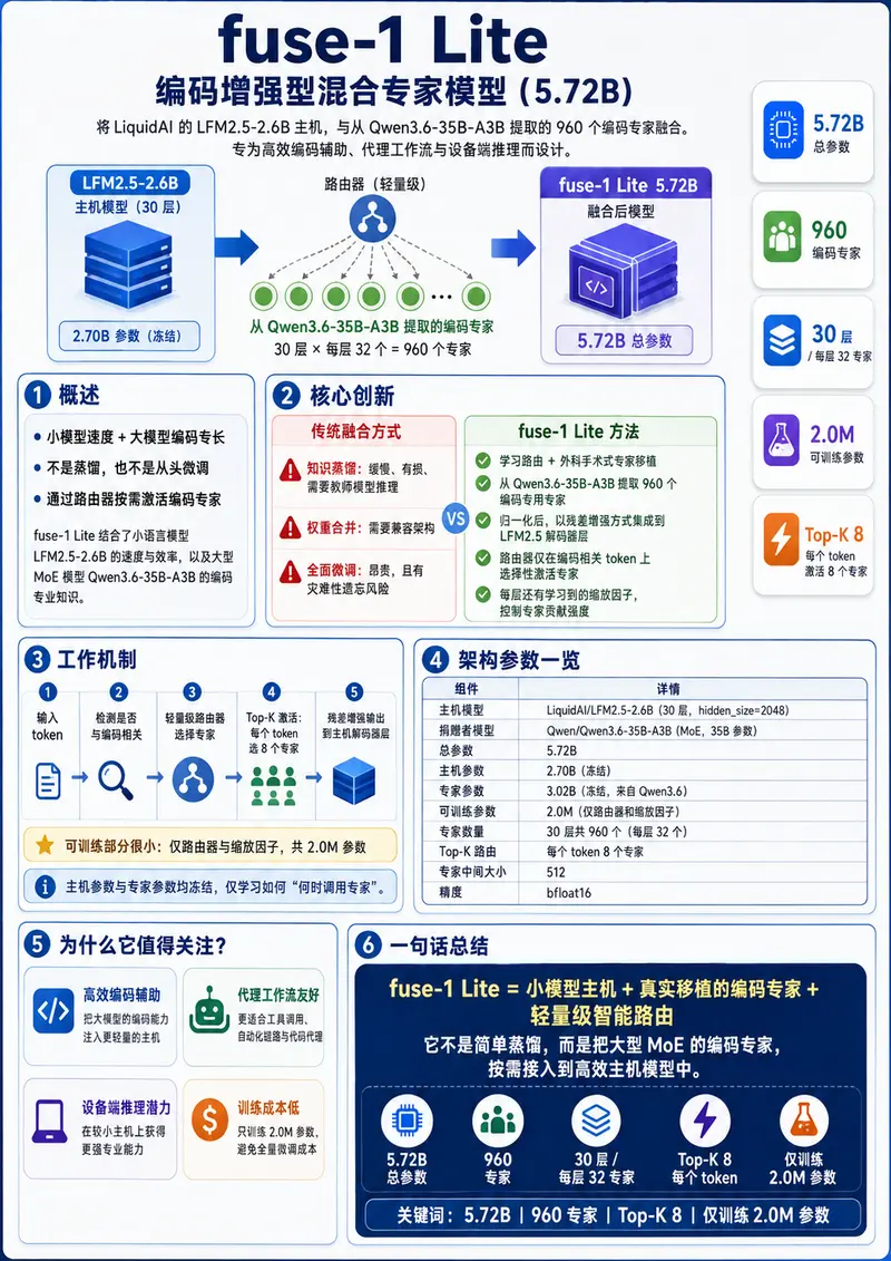 个人开发者推出fuse-1 Lite,融合LFM2.5主机与960个编码专家支持设备端推理