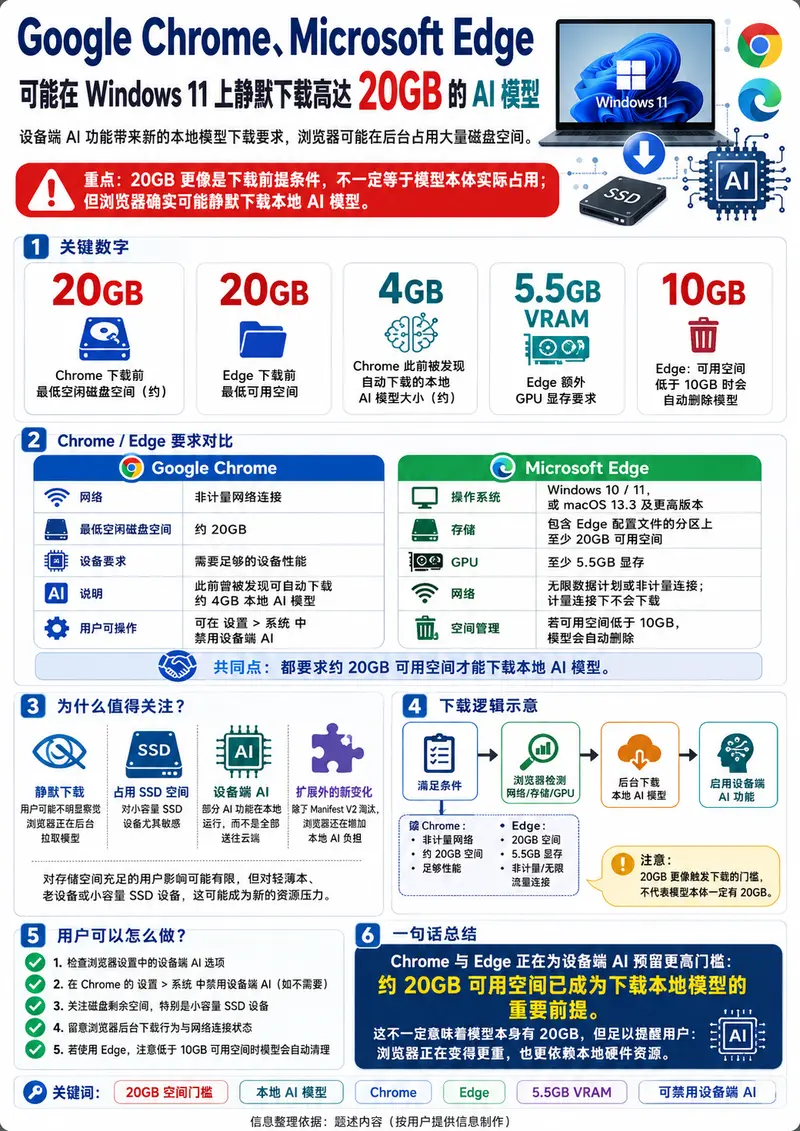 可手动禁用!Google Chrome、Microsoft Edge 可能在 Windows 11 上静默下载高达 20GB 的 AI 模型