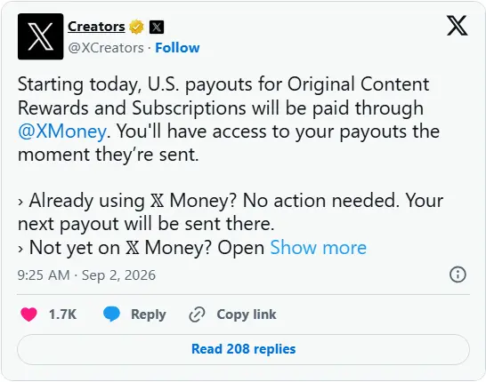 X正式切换美国创作者结算通道：收入告别Stripe，全额转入自家X‑Money支付体系
