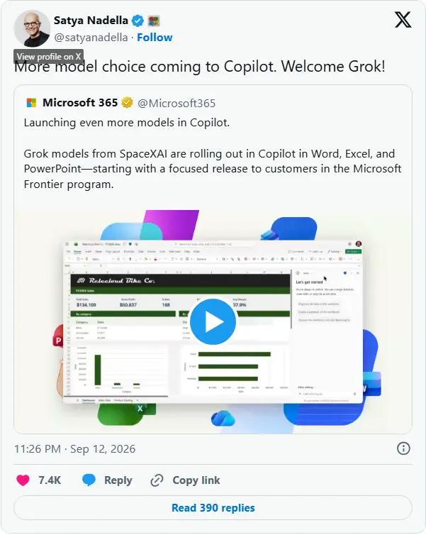 微软将Grok引入Word、Excel、PPT,Copilot不再只押注OpenAI