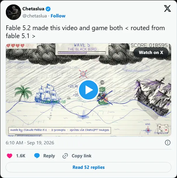 Anthropic 疑似灰度测试 Fable 5.2:纯 JS 零依赖生成流畅动画,Opus 5.5 或本周公布
