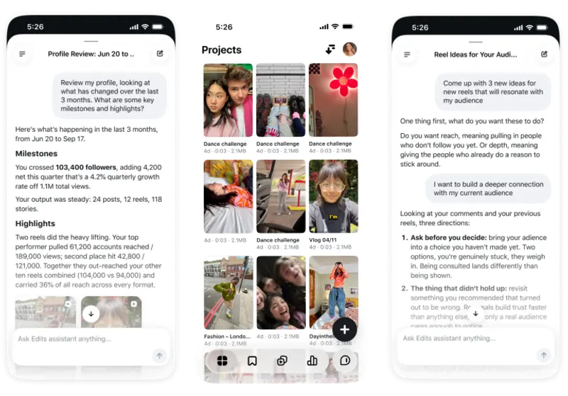 Instagram为创作者Edits上线AI视频编辑器,结合账号数据给创作洞察