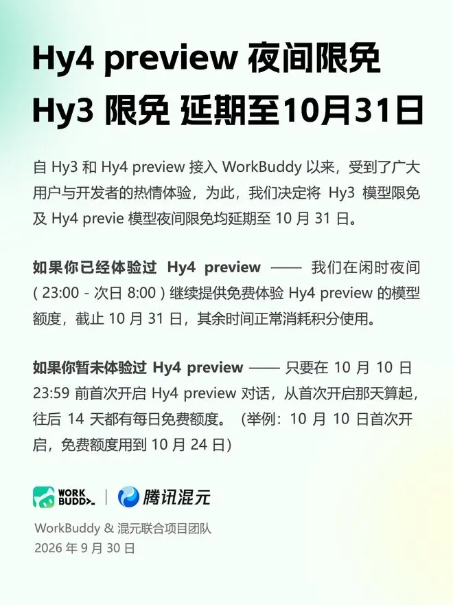 腾讯WorkBuddy官宣:Hy3限免、Hy4 preview夜间限免延期至10月31日