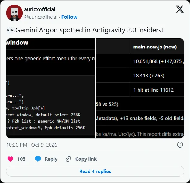 Gemini 4 Argon 线索曝光：提供最高900K上下文，内部Carbon检查点编码能力对标Claude Opus 5.5