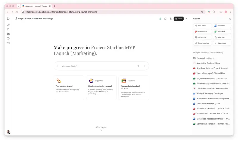 微软升级Copilot Notebooks对标Gemini Notebook:新增任务委托、内嵌Office编辑、交互式报告