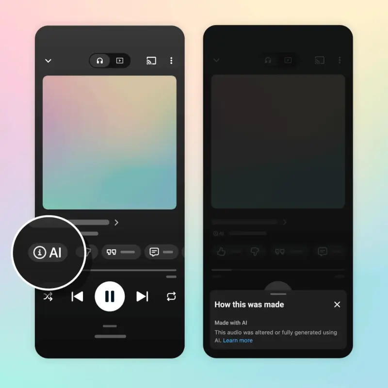 YouTube Music上线AI音乐标识标签:区分全AI/部分AI创作,标签同步扩展至YouTube主App