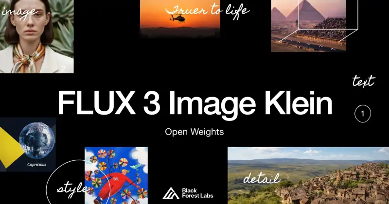 Black Forest Labs 开放 FLUX 3 Image Klein 权重：56亿参数图像模型，最低8GB显存可本地运行，原生4K输出，支持参考图引导与框选编辑