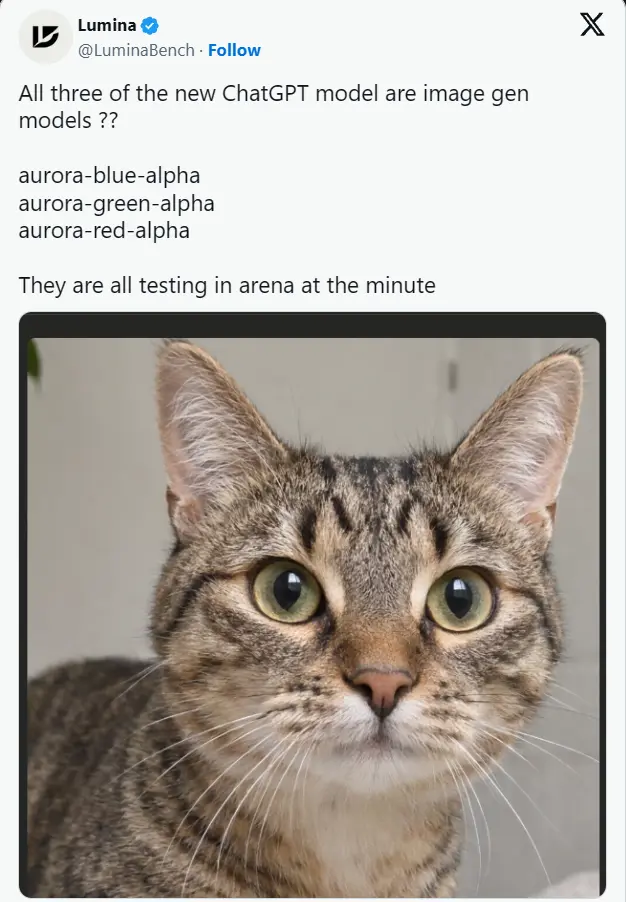 OpenAI Arena 测试代号 Aurora 图像模型,疑似 GPT-Image-3,红 / 绿 / 蓝三个 alpha 版本短暂现身 API