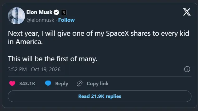 马斯克承诺明年向所有美国儿童赠送SpaceX股份，称这只是系列赠与的开端