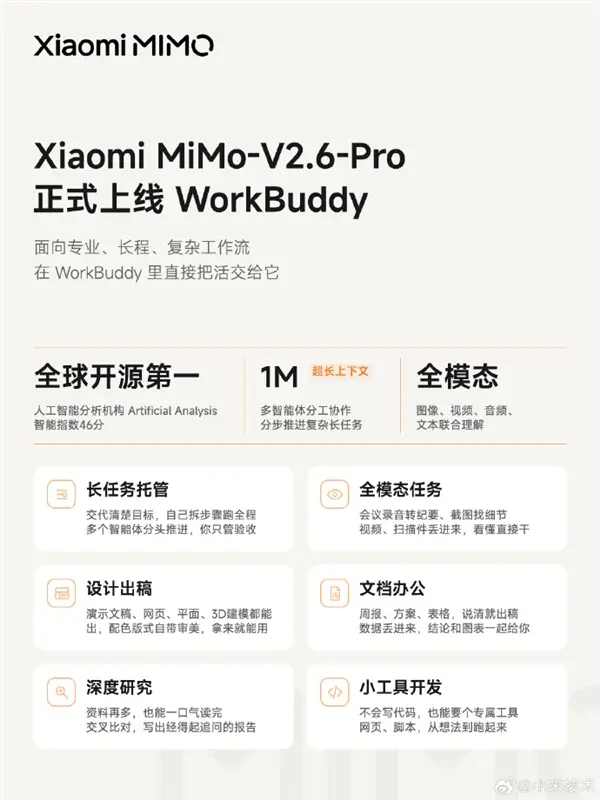 小米 MiMo-V2.6-Pro 上线 WorkBuddy:1M 上下文与多智能体协同赋能复杂办公