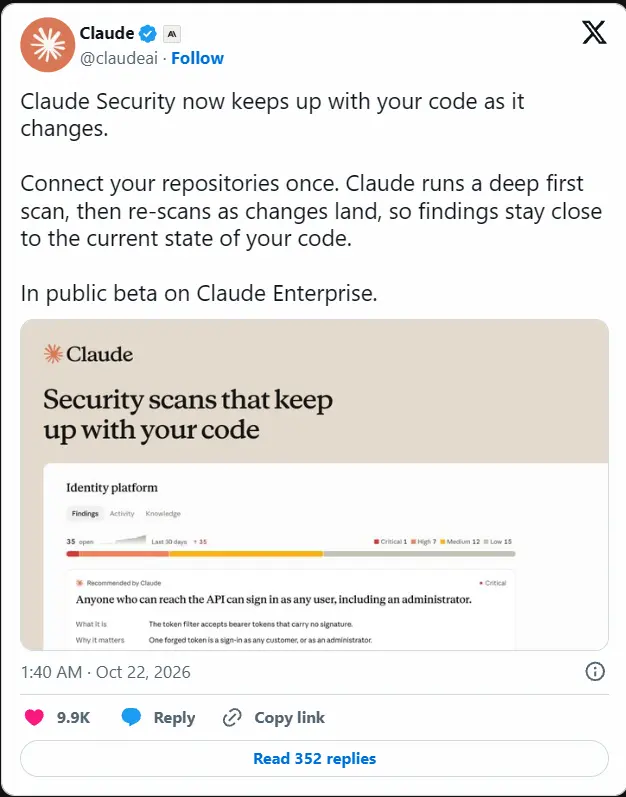 Claude Security 新增持续扫描与漏洞修复跟踪,支持跨仓库代码安全监测